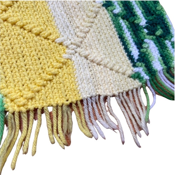 Vintage Handmade Crocheted Yellow, Green & White Striped Blanket With Fringe - Picture 3 of 9